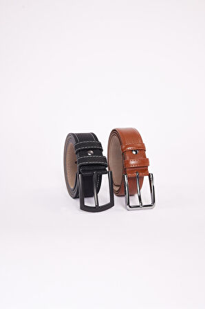 Erkek 2'li Set 3,5 Cm Kahverengi Vegan Deri 4 Cm Spor Siyah Kemer