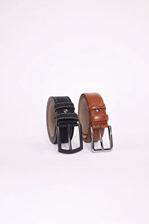 Erkek 2'li Set 3,5 Cm Kahverengi Vegan Deri 4 Cm Spor Siyah Kemer