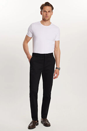 Erkek Regular Fit Chino Esnek Yandan Cepli Önü Fermuarlı Pamuklu Dokulu Siyah Pantolon