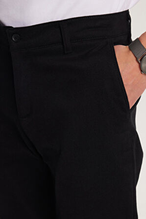 Erkek Regular Fit Chino Esnek Yandan Cepli Önü Fermuarlı Pamuklu Dokulu Siyah Pantolon