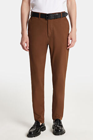 Erkek Regular Fit Chino Esnek Yandan Cepli Önü Fermuarlı Pamuklu Dokulu Kahverengi Pantolon