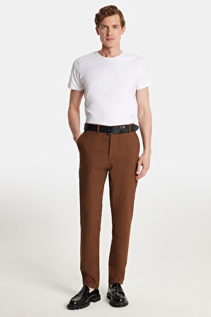 Erkek Regular Fit Chino Esnek Yandan Cepli Önü Fermuarlı Pamuklu Dokulu Kahverengi Pantolon