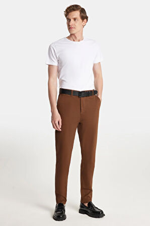 Erkek Regular Fit Chino Esnek Yandan Cepli Önü Fermuarlı Pamuklu Dokulu Kahverengi Pantolon