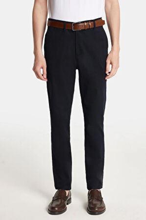 Erkek Regular Fit Chino Esnek Yandan Cepli Önü Fermuarlı Pamuklu Dokulu Lacivert Pantolon