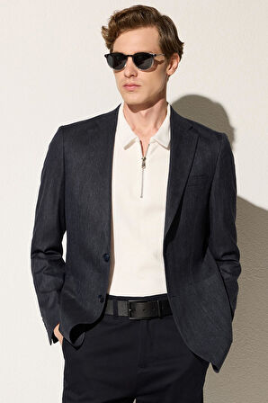 Erkek Regular Fit Chino Esnek Yandan Cepli Önü Fermuarlı Pamuklu Dokulu Lacivert Pantolon