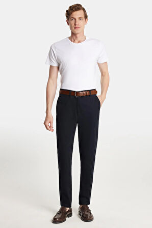 Erkek Regular Fit Chino Esnek Yandan Cepli Önü Fermuarlı Pamuklu Dokulu Lacivert Pantolon