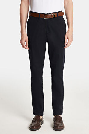 Erkek Regular Fit Chino Esnek Yandan Cepli Önü Fermuarlı Pamuklu Dokulu Lacivert Pantolon