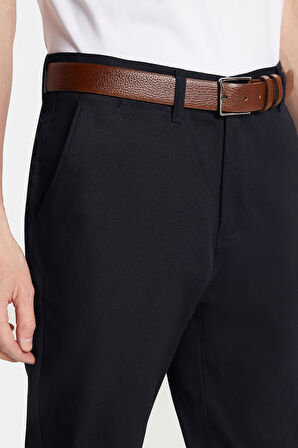 Erkek Regular Fit Chino Esnek Yandan Cepli Önü Fermuarlı Pamuklu Dokulu Lacivert Pantolon