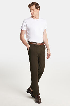 Erkek Regular Fit Chino Esnek Yandan Cepli Önü Fermuarlı Pamuklu Dokulu Haki Pantolon