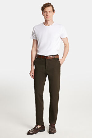 Erkek Regular Fit Chino Esnek Yandan Cepli Önü Fermuarlı Pamuklu Dokulu Haki Pantolon