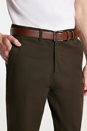 Erkek Regular Fit Chino Esnek Yandan Cepli Önü Fermuarlı Pamuklu Dokulu Haki Pantolon