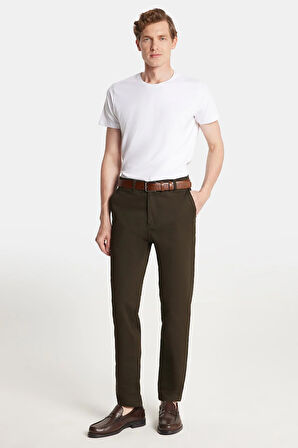 Erkek Regular Fit Chino Esnek Yandan Cepli Önü Fermuarlı Pamuklu Dokulu Haki Pantolon