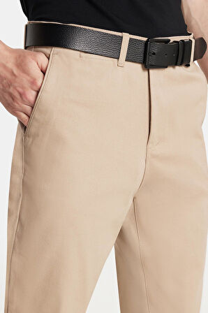 Erkek Regular Fit Chino Esnek Yandan Cepli Önü Fermuarlı Pamuklu Dokulu Bej Pantolon