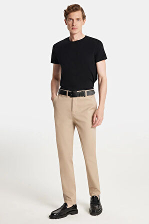 Erkek Regular Fit Chino Esnek Yandan Cepli Önü Fermuarlı Pamuklu Dokulu Bej Pantolon