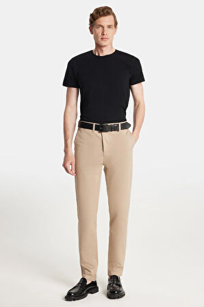 Erkek Regular Fit Chino Esnek Yandan Cepli Önü Fermuarlı Pamuklu Dokulu Bej Pantolon