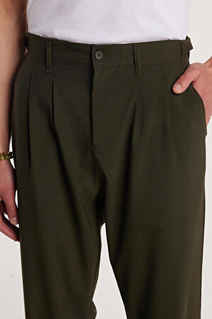 Erkek Çift Pileli Beli Lastikli Rahat Kesim Bol Paça Baggy Haki Pantolon