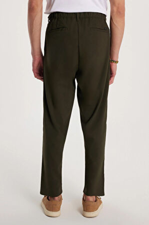 Erkek Çift Pileli Beli Lastikli Rahat Kesim Bol Paça Baggy Haki Pantolon