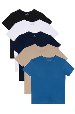 Unisex 5'li Pkt Siyah-Beyaz-Lacivert-Vizon-Mavi Slim Fit Dar Kesim %100 Pamuk Bisiklet Yaka Tişört