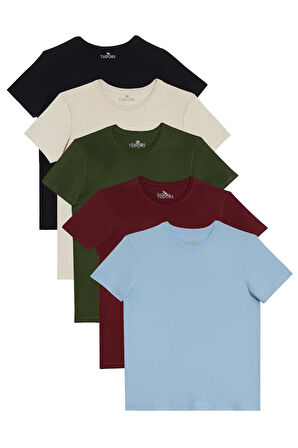 Unisex 5'li Paket Lacivert-Taş-Haki-Bordo-A.Mavi Slim Fit Dar Kesim %100 Pamuk Bisiklet Yaka Tişört