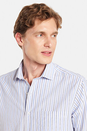 Erkek Regular Fit Klasik Kesim İnce Çizgili Pamuklu Kravatlık Yaka Gömlek