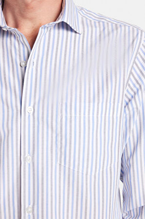 Erkek Regular Fit Klasik Kesim İnce Çizgili Pamuklu Kravatlık Yaka Gömlek