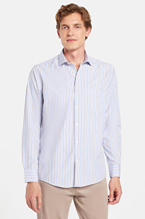 Erkek Regular Fit Klasik Kesim İnce Çizgili Pamuklu Kravatlık Yaka Gömlek