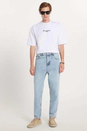 Erkek Relax Fit Geniş Kesim Boru Paça Yıkamalı Taşlamalı Boyfriend Esnek Mavi Jean Kot Pantolon