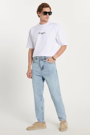 Erkek Relax Fit Geniş Kesim Boru Paça Yıkamalı Taşlamalı Boyfriend Esnek Mavi Jean Kot Pantolon