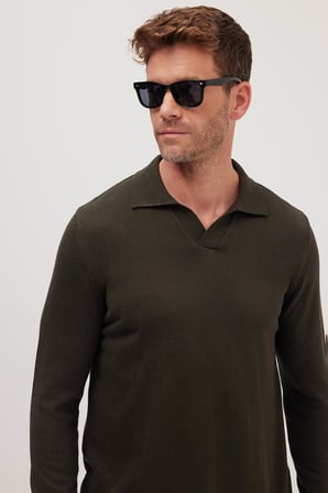 Erkek Standart Fit Normal Kesim Polo V Yaka Gri Triko Kazak