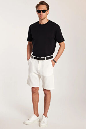 Erkek Regular Rahat Kesim Yandan Cepli Fermuarlı Bermuda Beyaz Şort