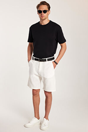 Erkek Regular Rahat Kesim Yandan Cepli Fermuarlı Bermuda Beyaz Şort