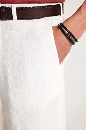 Erkek Regular Rahat Kesim Beli Lastikli ve Kordonlu Yandan Cepli Ekru Bermuda Şort