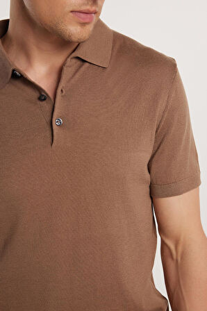 Erkek Slim Fit Dar Kesim Pamuklu Örme Triko Vizon Polo Yaka Tişört