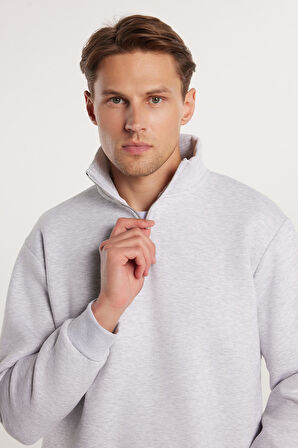 Unisex Relax Fit Rahat Kesim Pamuklu İçi Polarlı Yarım Fermuarlı Gri Dik Yaka Sweatshirt