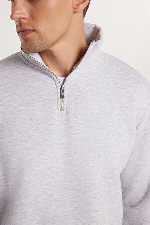 Unisex Relax Fit Rahat Kesim Pamuklu İçi Polarlı Yarım Fermuarlı Gri Dik Yaka Sweatshirt