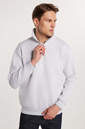 Unisex Relax Fit Rahat Kesim Pamuklu İçi Polarlı Yarım Fermuarlı Gri Dik Yaka Sweatshirt