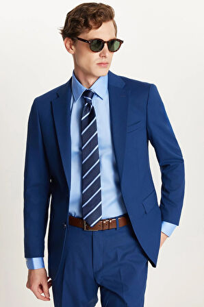 Erkek Slim Fit Mono Yaka Likralı Esnek Kumaş İndigo Takım Elbise