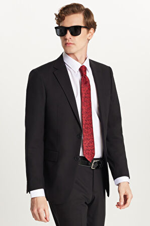 Erkek Slim Fit Mono Yaka Likralı Esnek Kumaş Siyah Takım Elbise