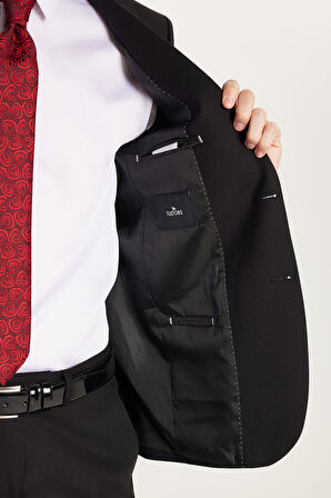Erkek Slim Fit Mono Yaka Likralı Esnek Kumaş Siyah Takım Elbise