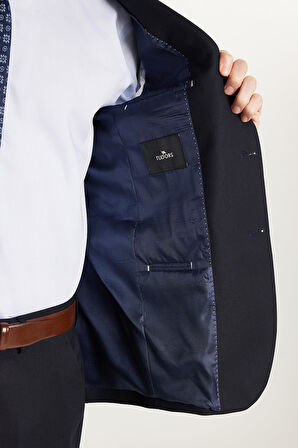 Erkek Slim Fit Mono Yaka Likralı Esnek Kumaş Lacivert Takım Elbise