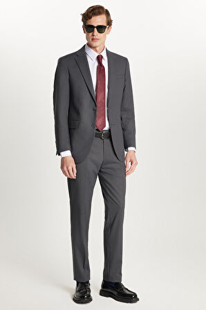 Erkek Slim Fit Mono Yaka Likralı Esnek Kumaş Füme Takım Elbise