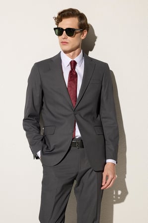 Erkek Slim Fit Mono Yaka Likralı Esnek Kumaş Füme Takım Elbise