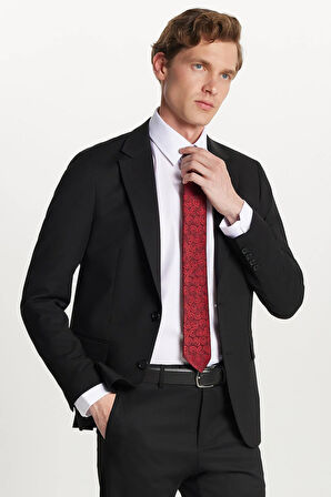 Erkek Regular Fit Siyah Esnek Likralı Kumaş Mono Yaka Kapaklı Cepli Takım Elbise