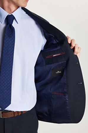 Erkek Regular Fit Lacivert Esnek Likralı Kumaş Mono Yaka Kapaklı Cepli Takım Elbise