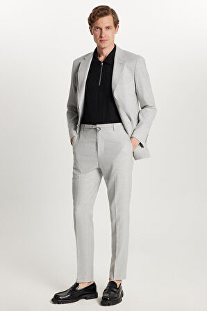 Erkek Regular Fit Gri Esnek Likralı Kumaş Mono Yaka Torba Cepli Takım Elbise