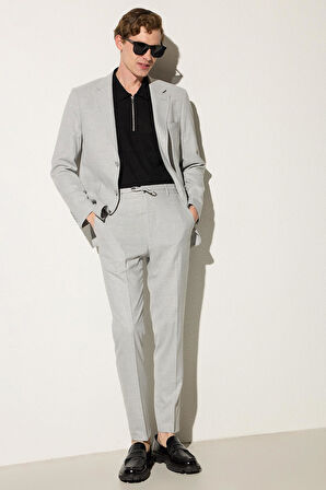 Erkek Regular Fit Gri Esnek Likralı Kumaş Mono Yaka Torba Cepli Takım Elbise