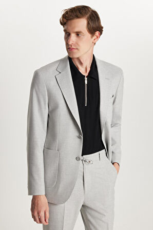 Erkek Regular Fit Gri Esnek Likralı Kumaş Mono Yaka Torba Cepli Takım Elbise