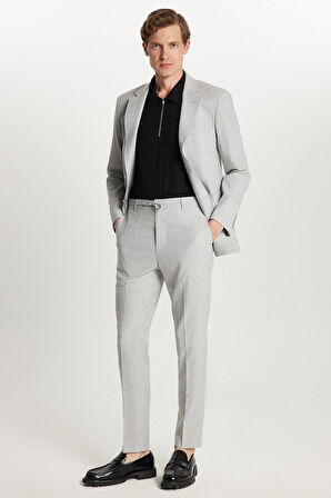 Erkek Regular Fit Gri Esnek Likralı Kumaş Mono Yaka Torba Cepli Takım Elbise