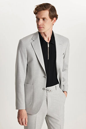 Erkek Regular Fit Gri Esnek Likralı Kumaş Mono Yaka Torba Cepli Takım Elbise