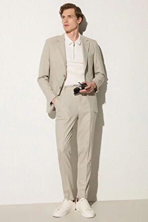 Erkek Regular Fit Bej Esnek Likralı Kumaş Mono Yaka Torba Cepli Takım Elbise